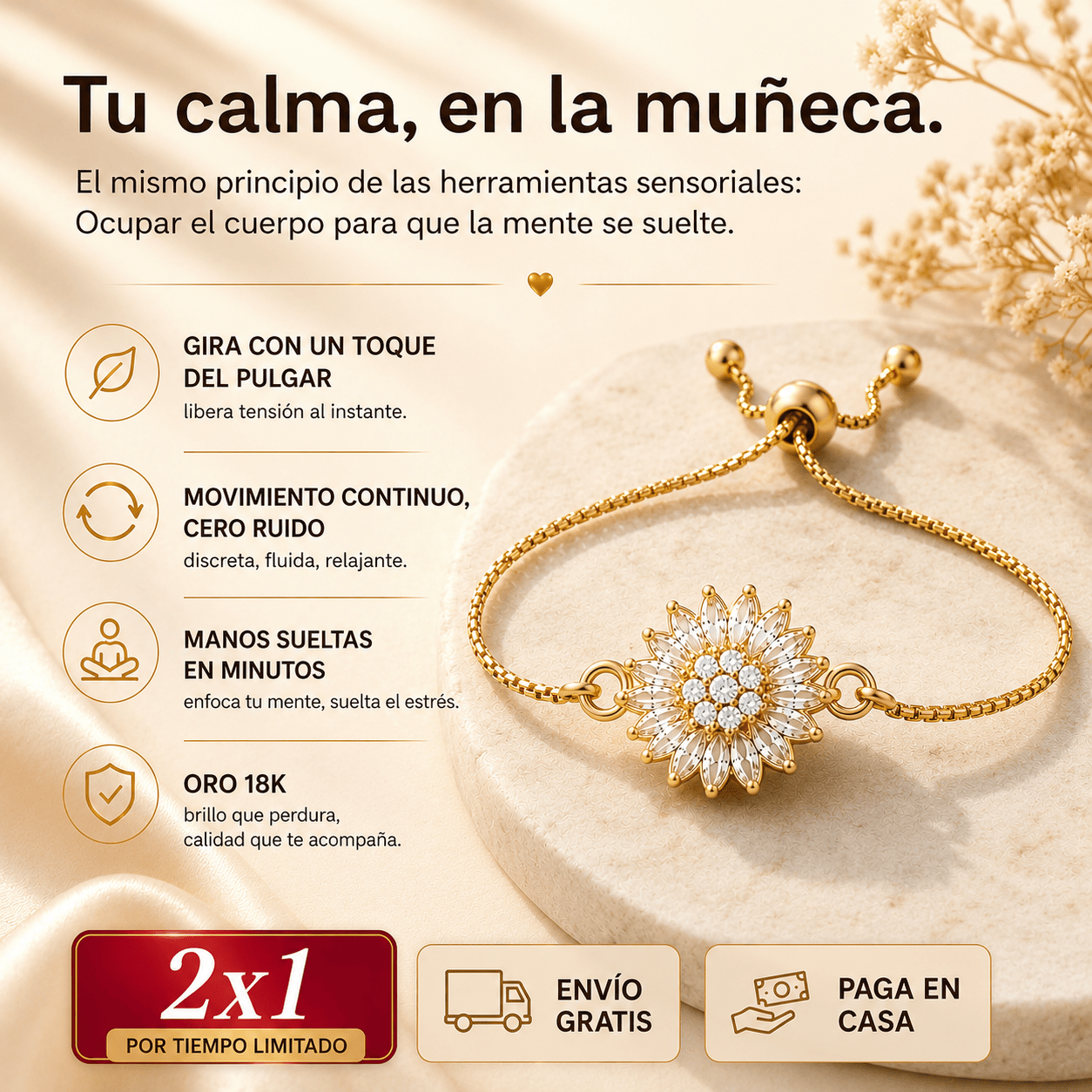 Pulsera Calm™ 🌻 Suelta la tensión sin detener lo que estás haciendo✨ PROMO 2x1 · Baño en Oro 18K
